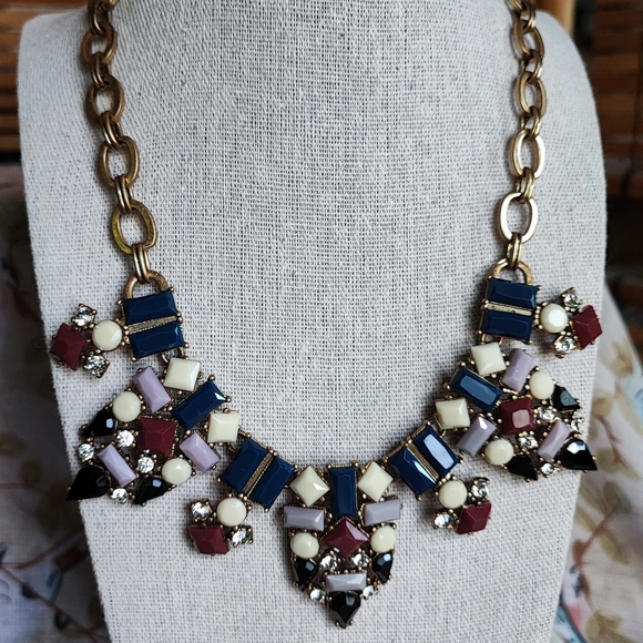 J. Crew Art Deco Revival Brass Tone Necklace Lifesaver Clasp Navy Lavender EUC - Picture 1 of 10